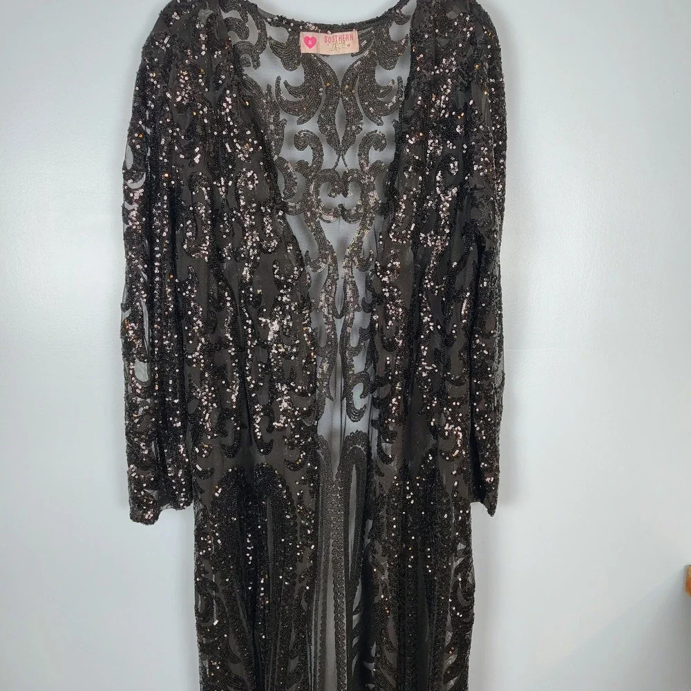 Southern Fried Chics XL Black Sequin Mesh Duster Cardigan Victorian gothic - Picture 2 of 14